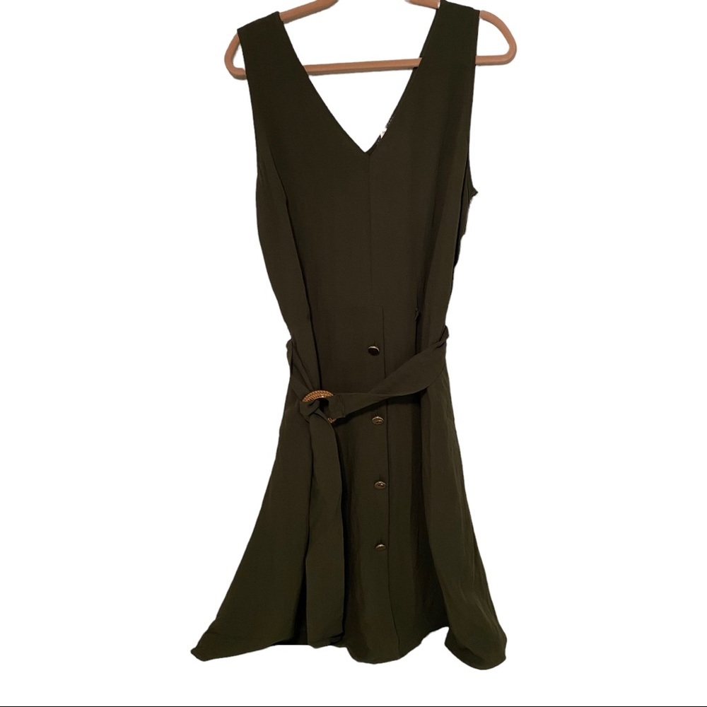 Luxology olive green gold button rayon belted v neck  fit and flare dress XL NWT